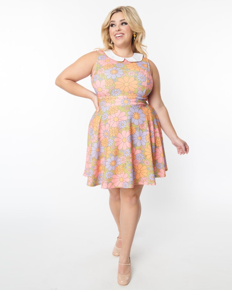 Front of a model wearing a size L Smak Parlour Avocado Green & Multicolor Daisy Fit & Flare Dress in Green, Orange, Pink, Floral by Smak Parlour. | dia_product_style_image_id:287329